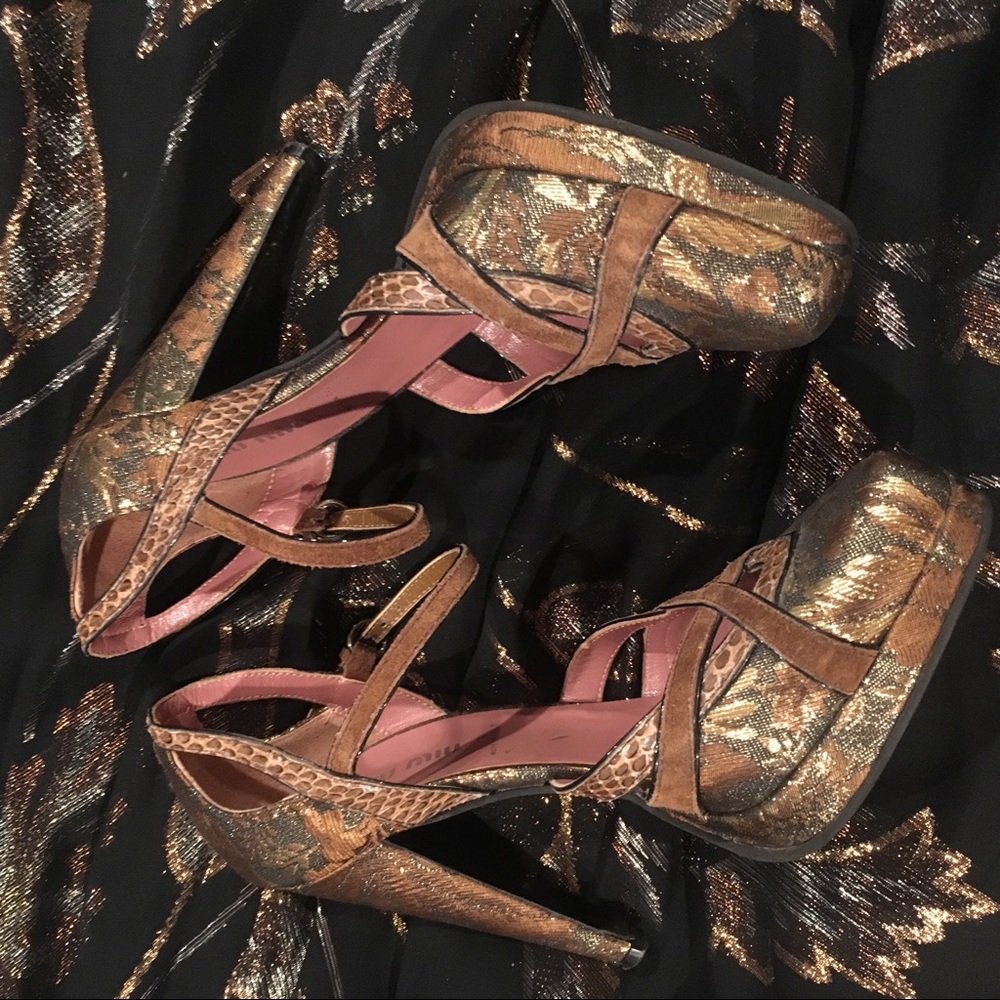Miu Miu bronze brocade snakeskin mixed metal Mary Janes 36 - Picture 6 of 8